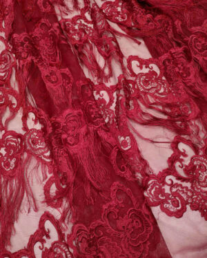 Burgundy lace fabric with fringe #80898