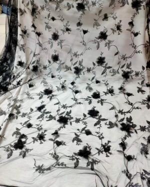 Black lace fabric with 3d flowers #90676
