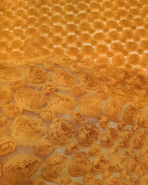 Yellow lace fabric with 3d flowers #80270