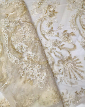 Gold Embroidered lace fabric with pearls #80289