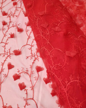 Red lace fabric with 3D flowers #90721