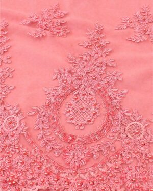 Pink lace fabric with pearls #10069