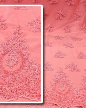 Pink lace fabric with pearls #10069