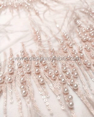 Dusty pink sequined lace with pearls and feathers #91505