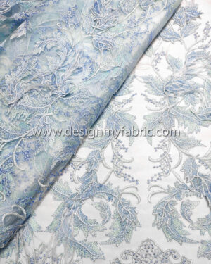 Babyblue lace fabric with feathers and 3D flowers #91462