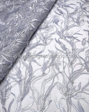 Grey blue lace fabric with feathers  #20448