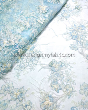 Turquoise lace fabric with feathers and 3D flowers #20492