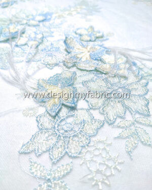 Turquoise lace fabric with feathers and 3D flowers #20492