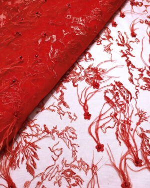 Red lace fabric with feathers and 3D flowers #20472