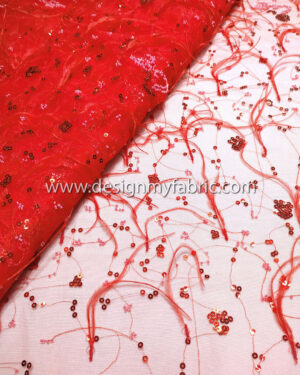 Red sequined lace fabric with feathers and beads #91521