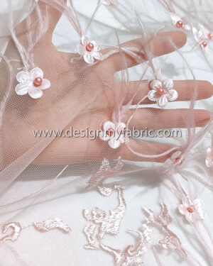 Light pink lace fabric with feathers and 3D flowers #20473