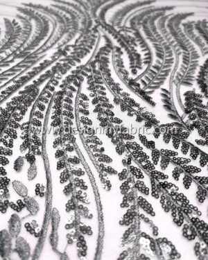 Grey sequined lace fabric with feathers #99134