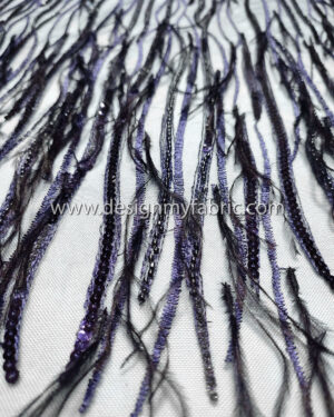 Navy blue sequined lace with beads and feathers #99139