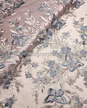 Dusty pink floral lace fabric with baby blue 3D butterfly #91506