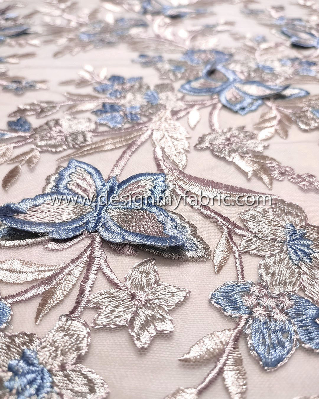 Dusty pink floral lace fabric with baby blue 3D butterfly #91506