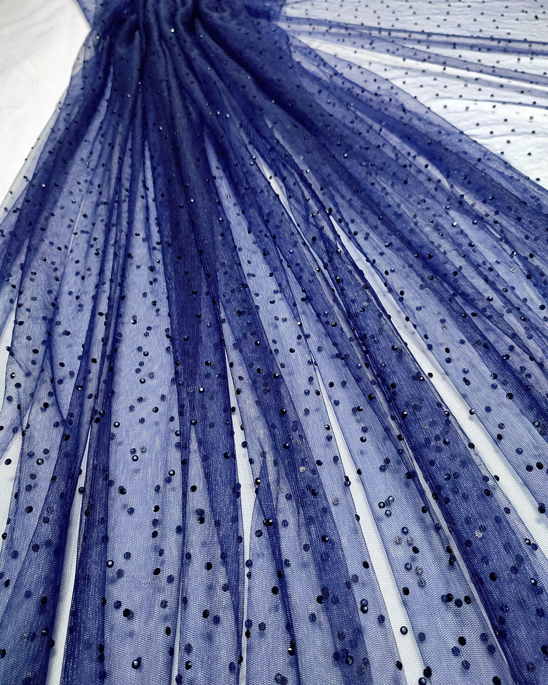 Navy blue rhinestones lace fabric #91974
