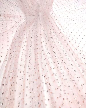 Light pink rhinestones lace fabric #99489