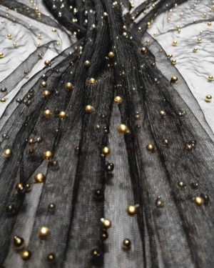 Black lace fabric with gold pearls #20605