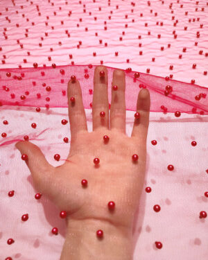 Ruby Red pearls lace fabric #80538