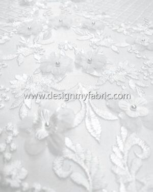 White bridal floral lace with 3D flowers and pearls #82126