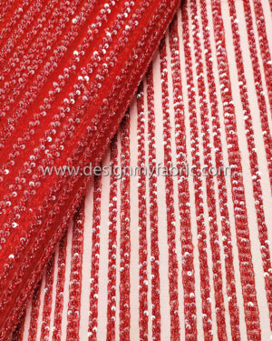 Red sequined lace fabric with beads #50069
