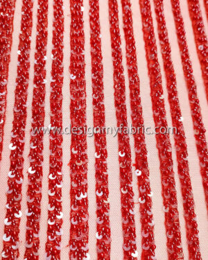 Red sequined lace fabric with beads #50069