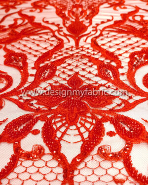 Red sequined and seed beaded lace fabric #50334