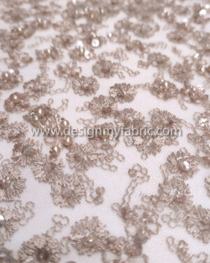 Beige pearls,sequined and beaded lace fabric #99133