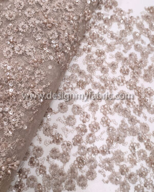 Beige pearls,sequined and beaded lace fabric #99133