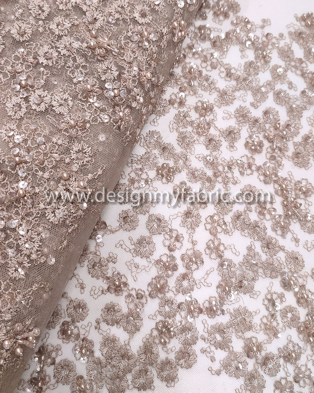 Beige pearls,sequined and beaded lace fabric #99133 - Design My Fabric