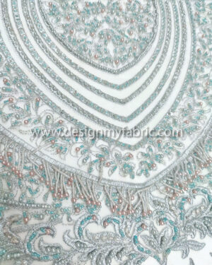 Light cyan beaded and fringe lace fabric #99058