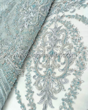 Light cyan beaded and fringe lace fabric #99058