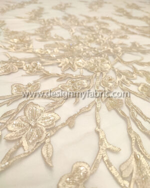 Beige pearls glass beaded lace fabric #99113