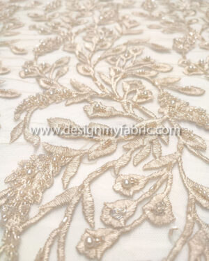 Beige pearls glass beaded lace fabric #99050