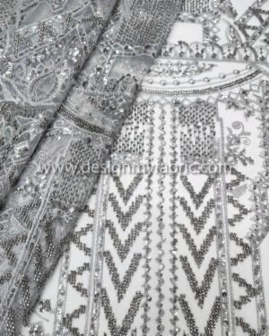 Grey pearls beaded lace fabric #99089
