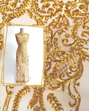 Gold sequined lace fabric #81673