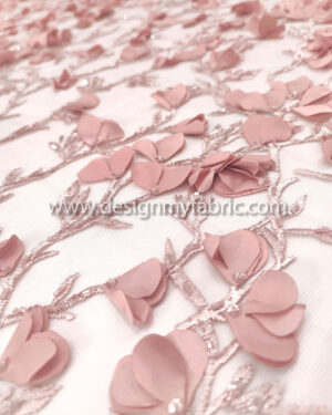 Dusty pink 3d flower and beaded lace fabric #99098