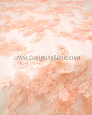 Light apricot lace fabric with 3d flowers #99117