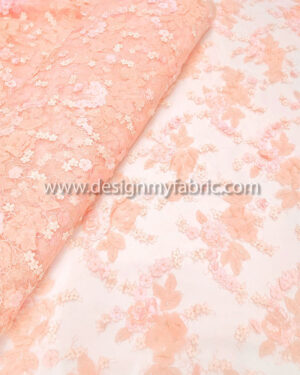 Light apricot lace fabric with 3d flowers #99117