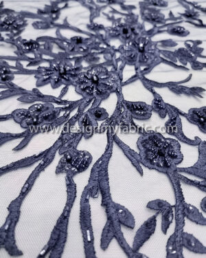 Navy blue pearls lace fabric #99114
