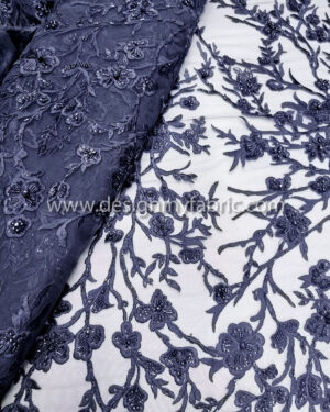 Navy blue pearls lace fabric #99114