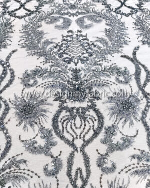 Navy blue and grey pearls lace fabric #99018
