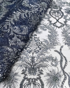 Navy blue and grey pearls lace fabric #99018