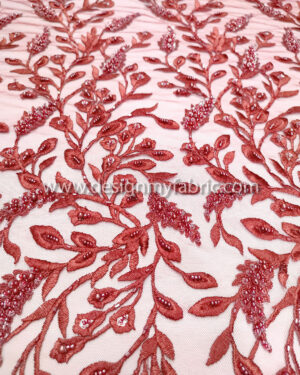 Burgundy pearls and beaded lace fabric #99051