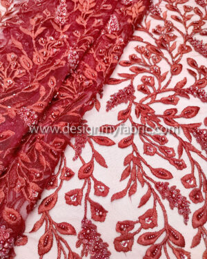 Burgundy pearls and beaded lace fabric #99051