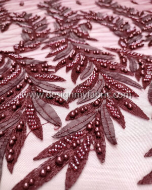 Burgundy pearls and beaded lace fabric #91392
