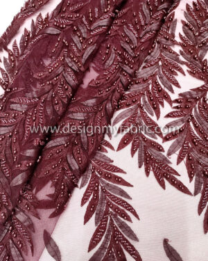 Burgundy pearls and beaded lace fabric #91392