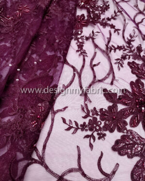 Burgundy pearls and beaded lace fabric #99116