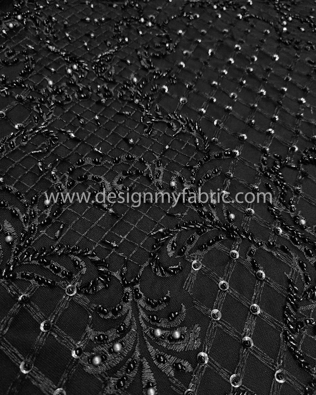 Black sequined and pearls lace fabric with beads #99294 - Design