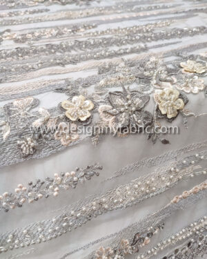 Grey 3d flower and beaded lace fabric #91959